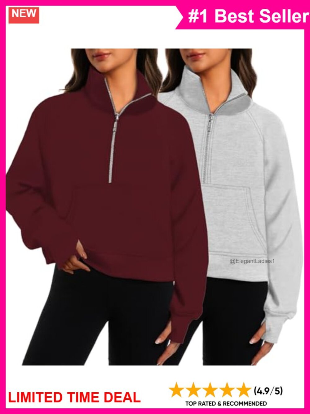 Womens Half Zip Cropped Fleece Hoodie Pullover Sweatshirt Thumb Holes 2 Pack
